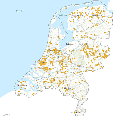 A map of a netherlands with orange dots

Description automatically generated
